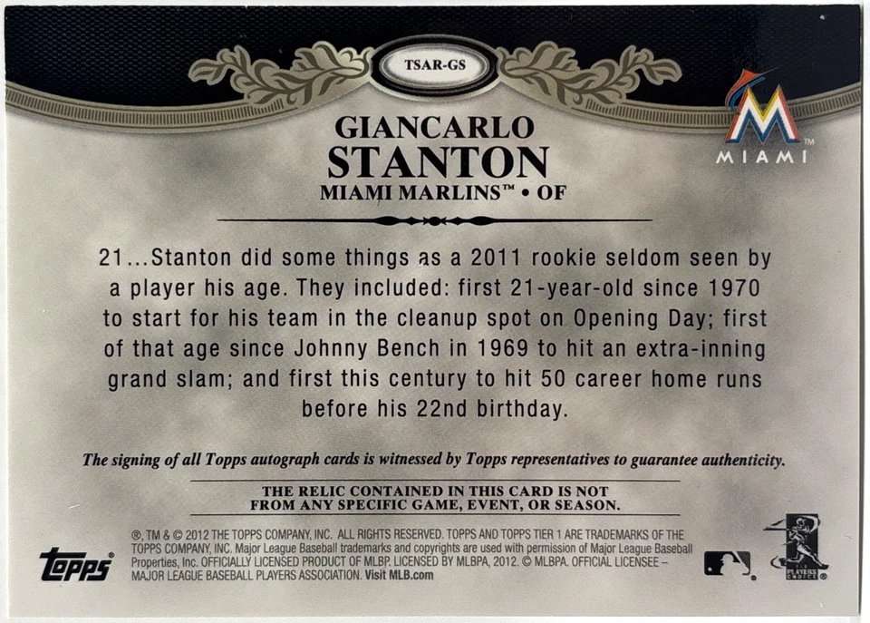 2012 Topps Tier One - Giancarlo Stanton - Game Used Patch - Auto /99 Yankees - Image 2 of 2