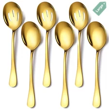 Stainless Steel Serving Spoons Set 6pc 10" Gold Buffet Kitchen Party Dishwasher