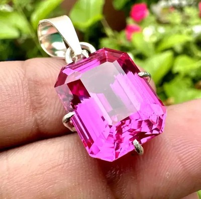 Pendentif Saphir Rose Naturel 23 Carats En Argent 925 - Coupe émeraude - Certification AGL - Neuf Sans Emballage