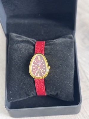 Gold Asymmetrical Red Dial Dress Watch Leather Band Roman Numerals Box Included 