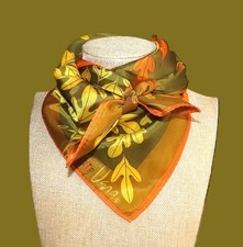 Vera Neumann square scarf; leaf print; olive yellow bronze orange; 26x26