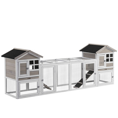 Hasenstall grau 259x64x92cm Tannenholz Doppelhaus Auslaufbox Rutsche Tablett Rampe Haustier