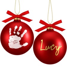 2 Pcs Christmas Hanging Baby Handprint Ball Ornament Kit Included Ribbon Mark...