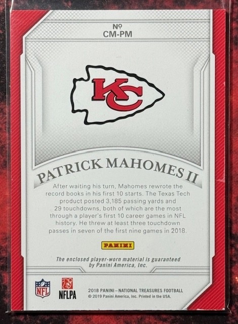 PATRICK MAHOMES QB 2018 NATIONAL TREASURES WORN 2 COLOR JERSEY SWATCH RELIC CARD view 2