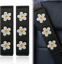 2PCS Daisy Flower Car Seat Belt Cover Pads, Protect Neck, White Soft Breathabl