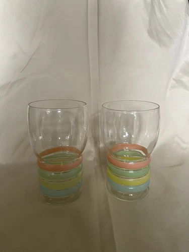 2 Depression Glass Water Goblet With Hand painted Pastel Rings By MacBeth Evans