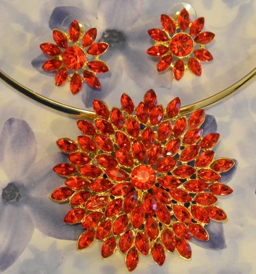 Dolly-Bijoux Parure 3PC Fleur Marquise Rubis Carré 15mm Plaqué Or 18K 5