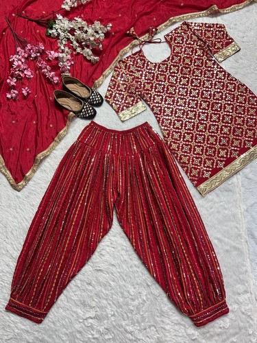 Traditional Look Chinnon Silk Top And Dhoti With Dupatta For Women Function Wear - Picture 8 of 10