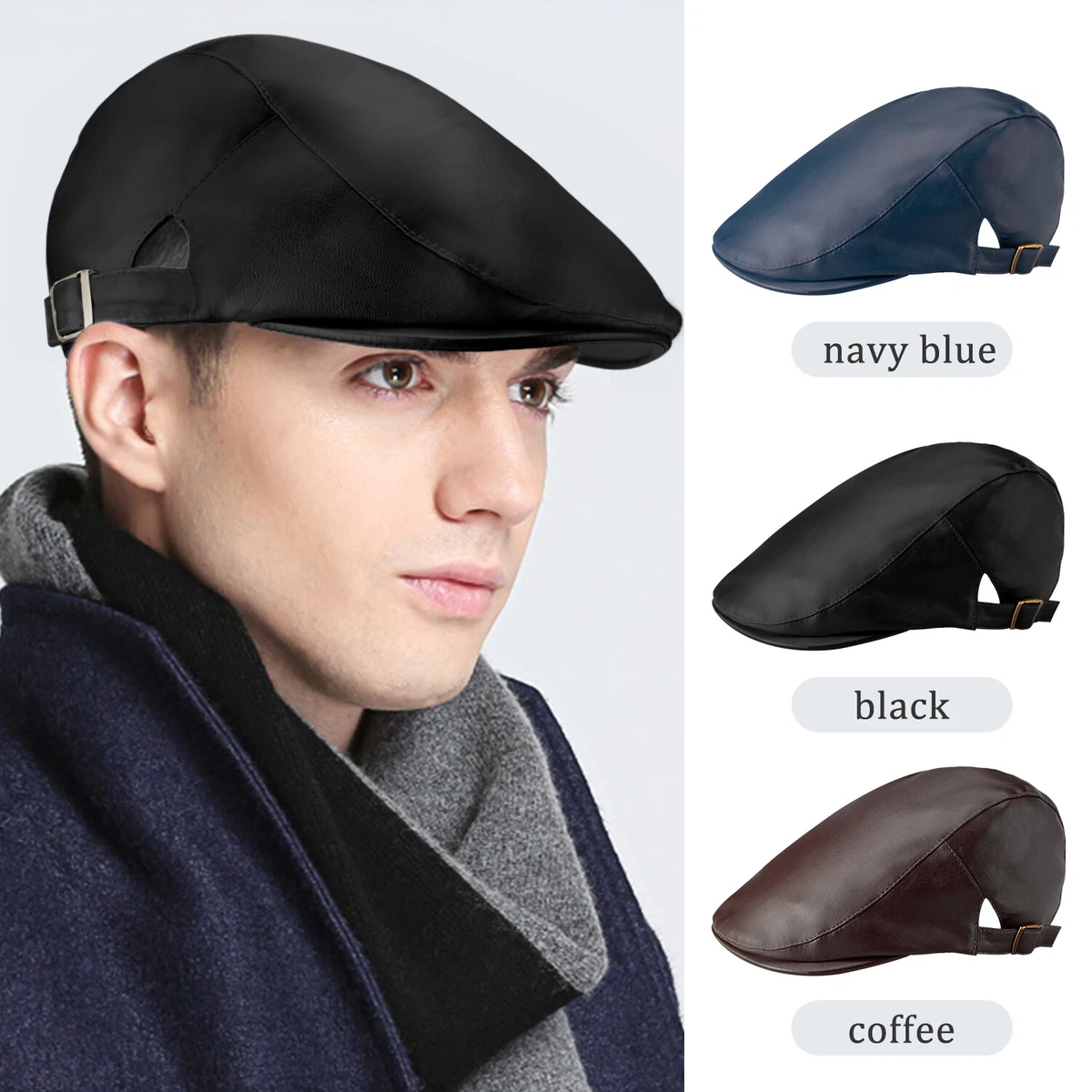 Men Ivy Cap PU Leather Newsboy Hat Adjustable Beret Cap Classic