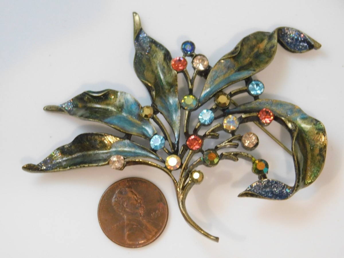 Chico's Beautiful Colorful Enamel Rhinestone Leaf Flower Brooch