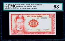 100 Đồng ND (1966) S. Viet Nam, National Bank Pick# 19b PMG 63 Choice UNC.