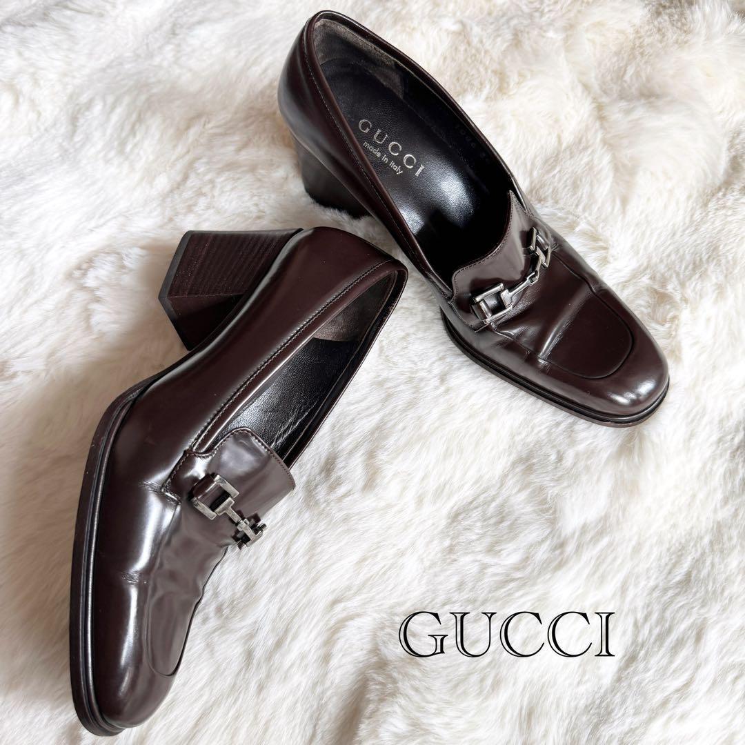 GUCCI Horsebit Pumps Brown Patent Leather US 6 (JP 23cm) Heel height 2.6 in