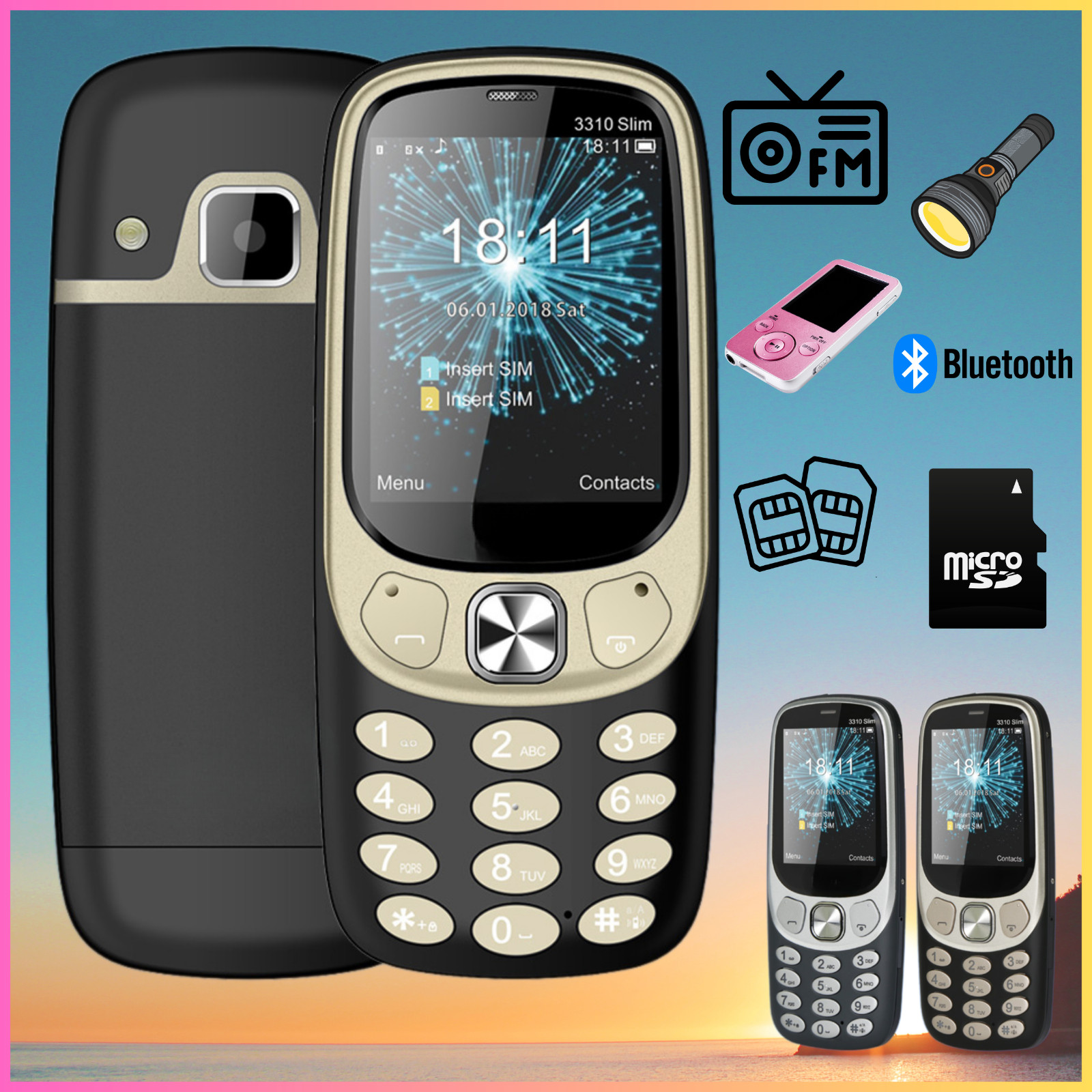 Téléphone portable à touches noir avec radio FM et lecteur MP3 Senior Pro