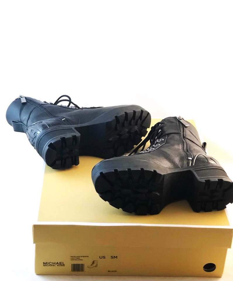 Michael Kors Khloe Boot Women Black Real Leather Combat Lace Up Zip 5 Worn Once - Image 3 of 4