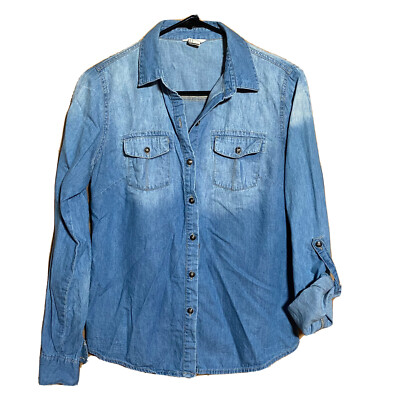 I LOVE H81 Chambray Button Down Blouse Roll Tab Sleeve Distressed Women's Sz Med