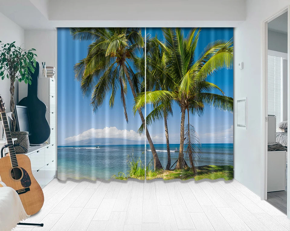 Tela cortinas de ventana con estampado de palmeras de paisaje marino tropical en 3D Foto 3 de 4