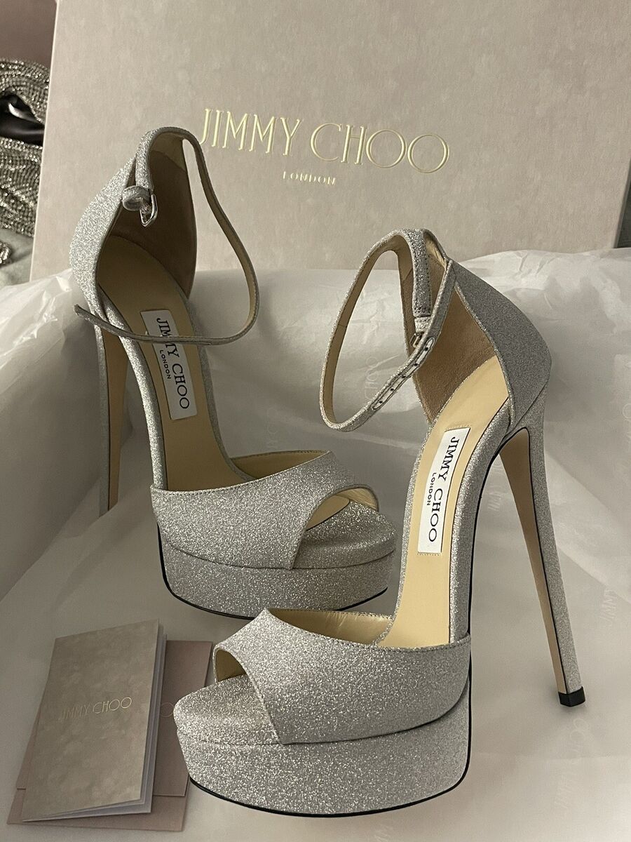 Jimmy Choo Max 150 Metallic Silver Glitter Fabric Platform Jimmy Choo Max 150 Metallic Silver Glitter Fabric Platform