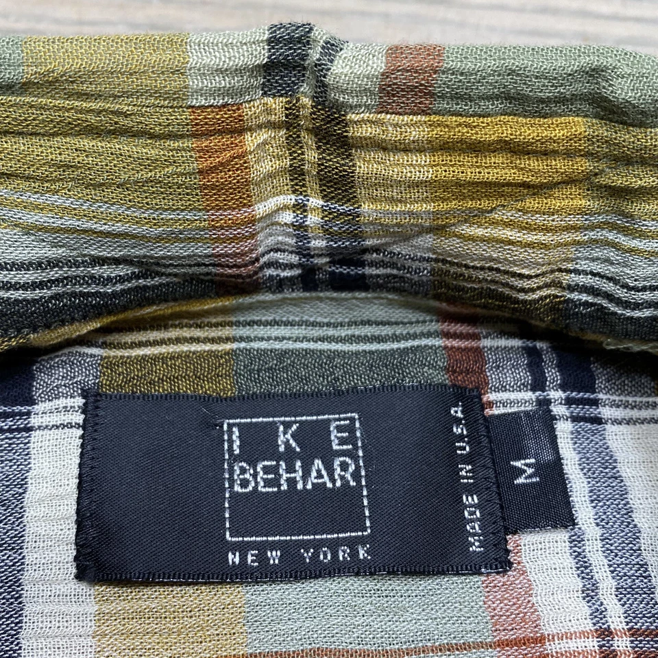 VTG Ike Behar Crinkled Green & Orange Plaid Shirt Mens M USA Made Long Sleeve - Image 3 of 4