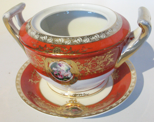 Vintage Alt Antik Made in Japan Porzellan Handbemalt Zucker und Untertasse Set