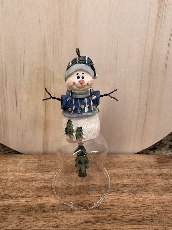 Snowman Glass Bell Hanging Christmas Ornament Blue Hat Scarf Tree Inside 5 in
