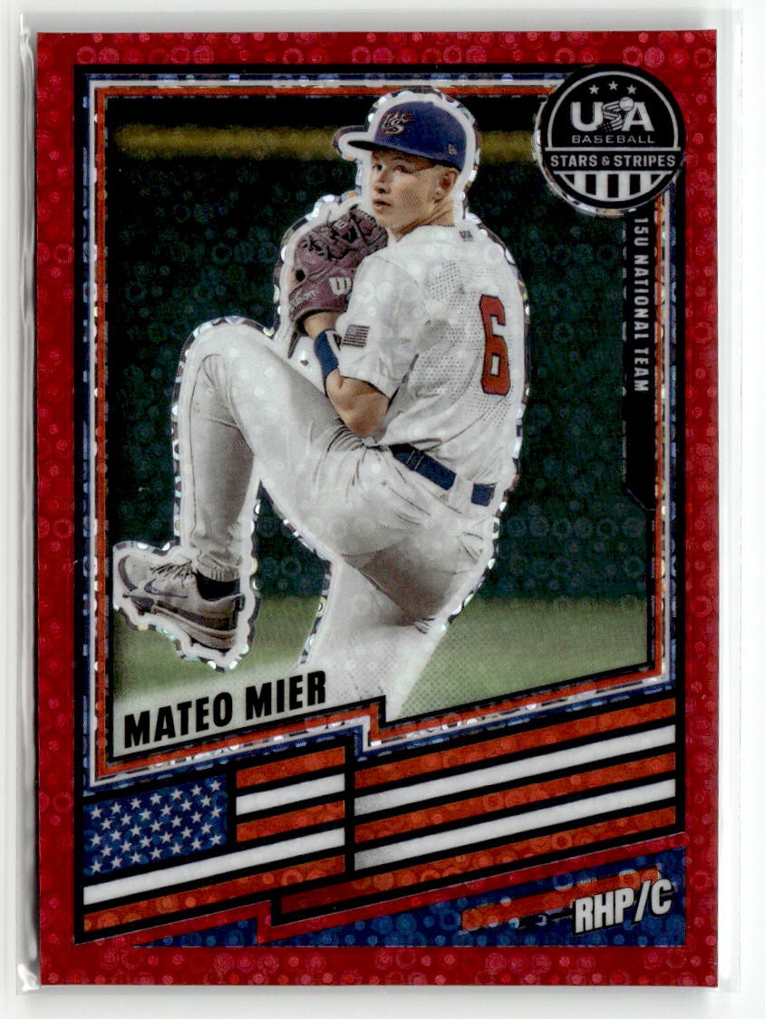 2026 Panini Stars & Stripes Prizm USA Baseball #43 Mateo Mier Disco Red #/199