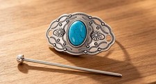Metal Hair Barrette look sterling but is Alloy with Turquoise 2