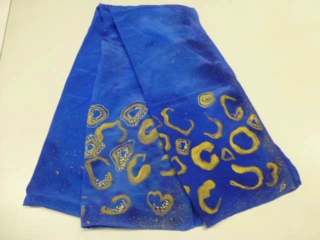 JG Switzer Hand Painted Royal Blue & Gold 100% Silk Scarf 13.5 x 68" New GIFT