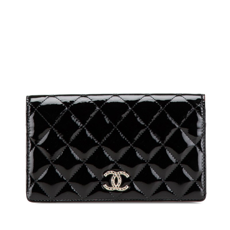 CHANEL Matelasse Coco Mark Long Wallet Black Enamel for Women