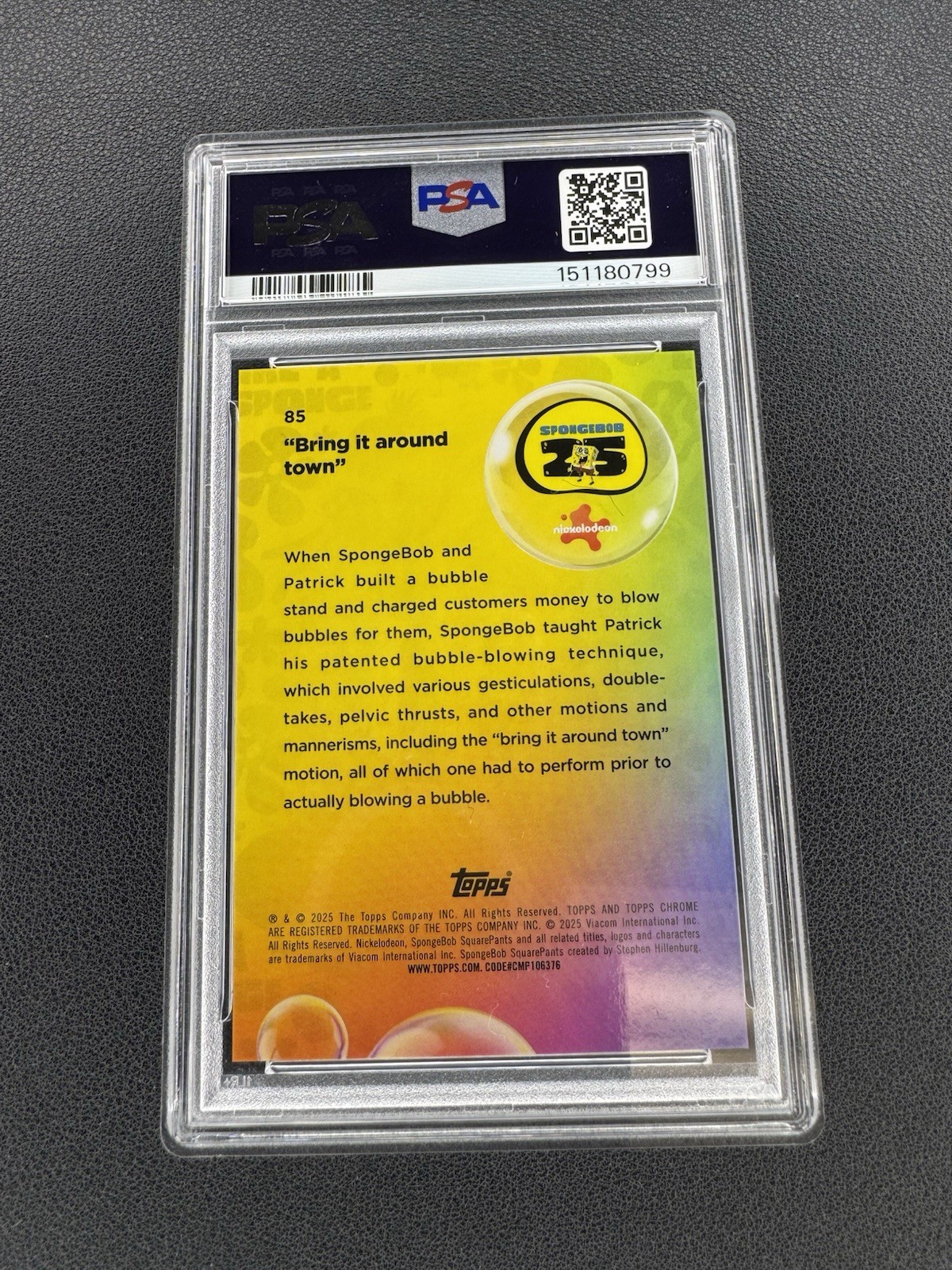 2025 Topps Chrome Sapphire Spongebob Gold /50 Bring it Around Town PSA 9 -HG view 2