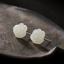 Natural White Jade Rose Flower Gemstone Stud Earrings 925 Silver 10mm
