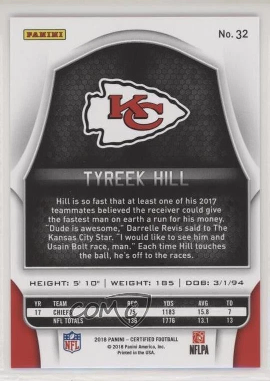 2018 Certified Mirror Gold /25 Tyreek Hill #32 - Image 2 of 2