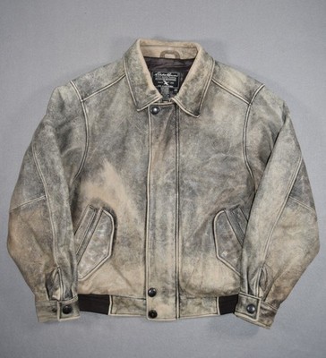 Eddie Bauer Leather Jacket Mens Medium Bomber Flight Distressed Worn Biker