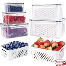 Fridge Storage Containers Set W/ Colanders BPA Free Durable Food Organizers New