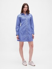 GAP NWT Organic Cotton Blue White Striped Ruched Mini Shirt Dress size L