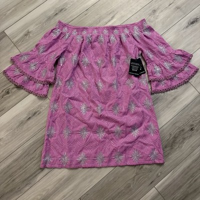 Boston Proper Off The Shoulder Dress Bohemian Pink Purple Metallic Embroidered M