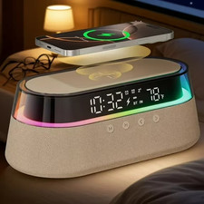 Wireless Charging Alarm Clock Bluetooth Speaker RGB Light FM Radio NEW