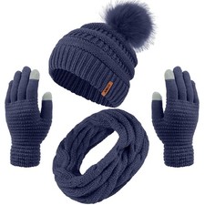 Womens Winter Warm Sets Knitted Fur Pompoms Beanie Hat Circle Loop Scarf Touc...