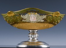 FINE ART NOUVEAU ENAMEL PORCELAIN MAIDEN FIGURAL & SILVER PLATE CENTERPIECE BOWL