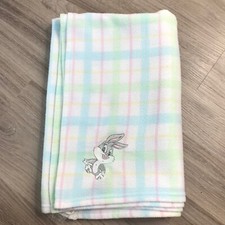 VTG Looney Tunes Baby Bugs Bunny Embroidered Pastel Plaid Fleece Baby Blanket