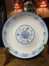 8"x1.5" Chinese Porcelain Bowl Blue Whit & Green Signed Hakka Ballad