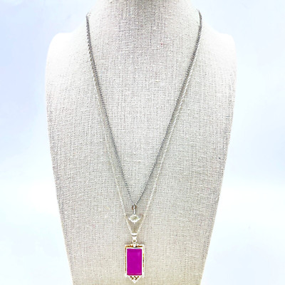 Silver Tone Necklaces Lot of 2 Pink Rectangle Pendant Round Crystal