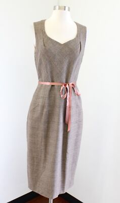 David Meister Brown Tan Plaid Wool Tie Belt V Neck Sheath Dress Size 6 Career