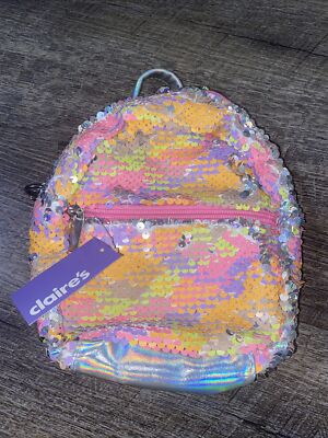 Claire s Pink Orange Purple Silver Reverse Sequin Mini Backpack Chain Purse Nwt
