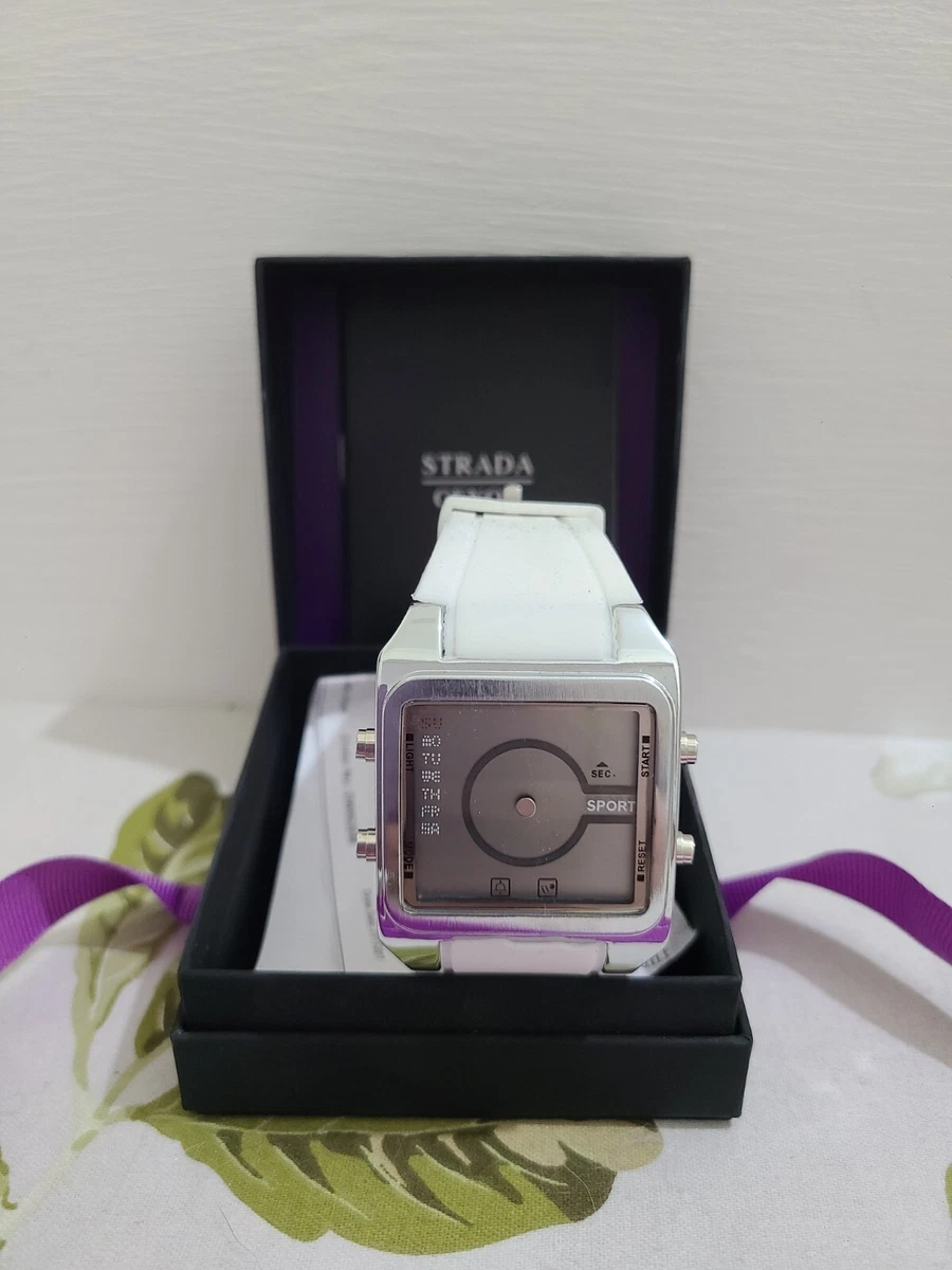 Strada Genoa Watch LED Display Analogue Silver Tone W White Silicone Strap