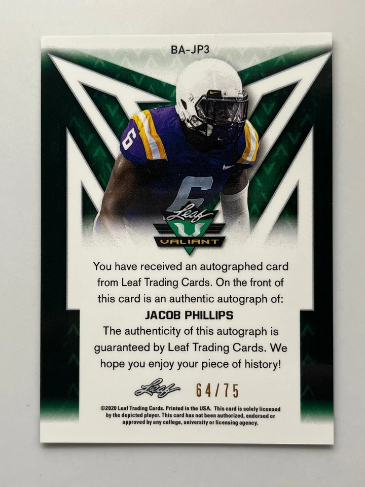2020 Leaf Valiant Green #BAJP3 Jacob Phillips Auto /75 LSU & Cleveland Browns - Image 2 of 2