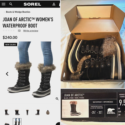 New in Box SOREL Joan of Arctic Size 9.5 Black Suede Faux Fur Rubber Sole Boots