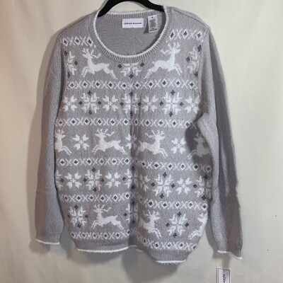 Alfred Dunner Gray Alpine Lodge Sweater Size M Fuzzy Holiday Winter Reindeer