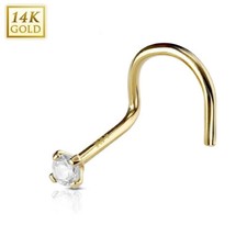 20G SOLID 14K YELLOW GOLD PRONG SET White CZ Gem NOSE SCREW BEND RING STUD Jewel