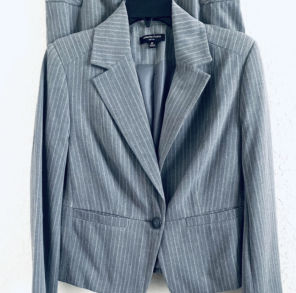 VTG Rafaella Studio Suit 2 Piece Skirt Set Gray Stripe Lined Women 8P Career 90s