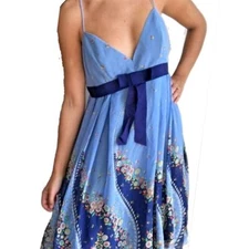 Anna Sui Anthropologie M VTG 12 Blue Babydoll Dress Floral Silk Y2K Hippy Boho